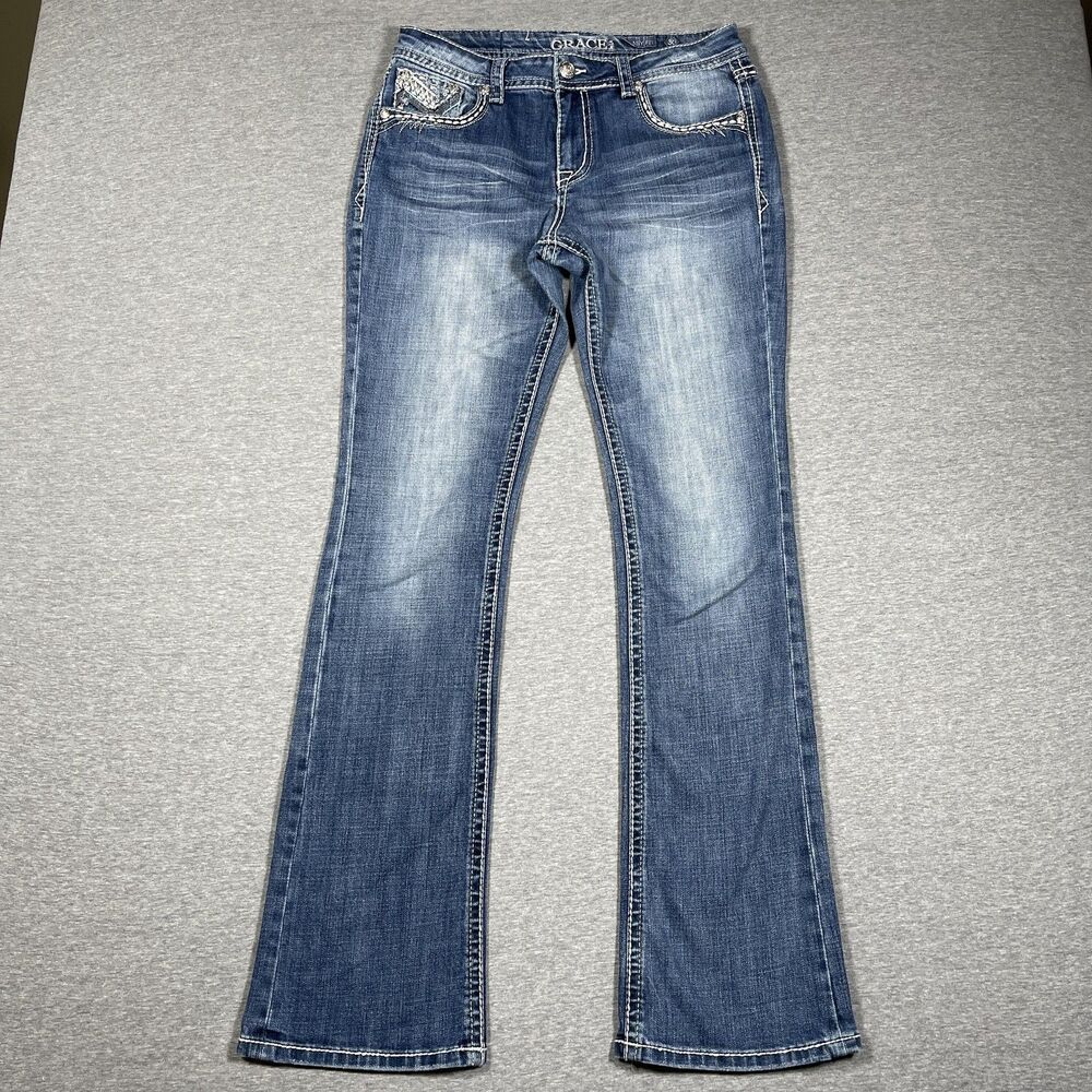Grace In LA Bootcut Jeans Womens 30 Blue Medium Wash Mid Rise Embroidered Denim